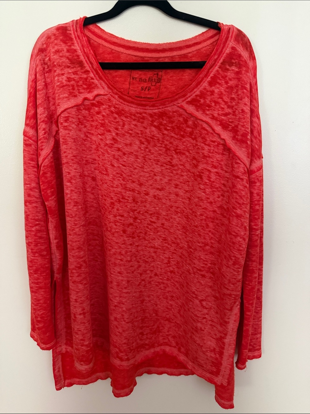 We The Free Coral-Red Burnout Long Sleeve Scoop Neck Top